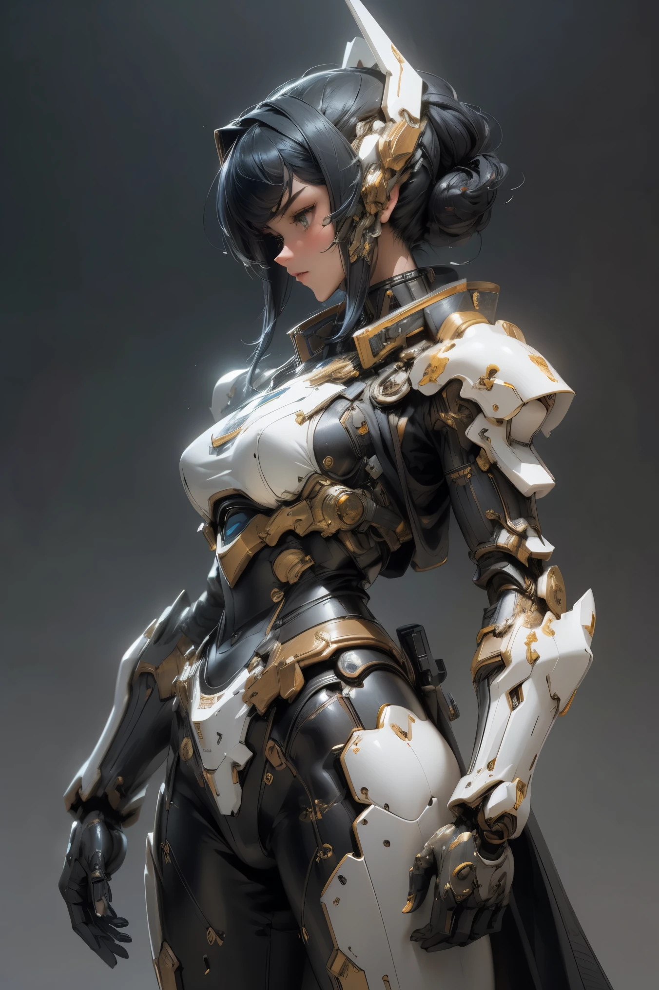 A strikingly vivid portrayal of a woman clad in classic super robot armor, every aspect radiates meticulous attention to detail: intricate mechanical components gleaming with a metallic sheen, sleek and futuristic design contrasted with battle-tested wear and tear. This mesmerizing image, likely a digital painting, captivates with its ultra-realistic portrayal, showcasing the artist's skill in rendering both the human form and advanced machinery.