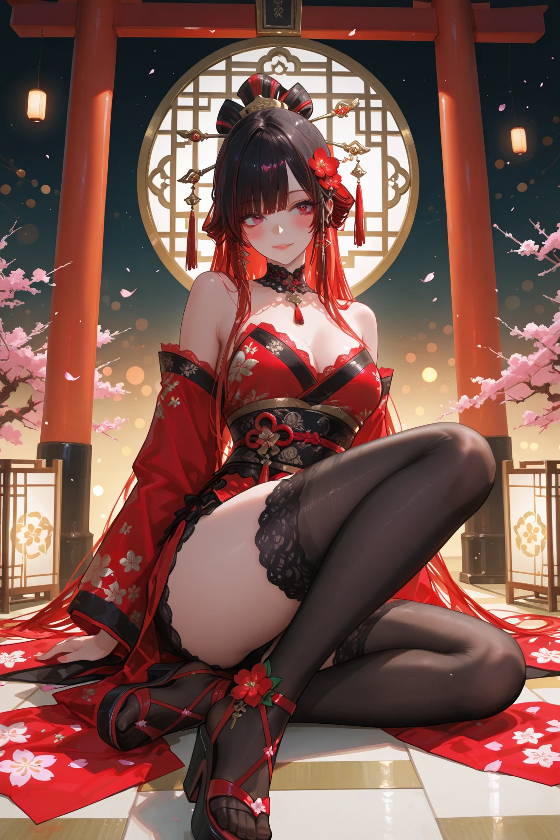 Fallen Rosemery de honkai impact 3,beautiful woman with long blonde hair slightly coppery and black dress with long purple layered,nice,extremely detailed with many elegant details, posing in front of a castle in the middle of a nice flat, beautiful day, flying birds,fine details.shadowverse style,cg,sexy,extremely detailed,hair ornament,adult, 30 years,yummy,masterpiece.best quality,high heels,lilac eyes,extremely defined body,thin waist,dynamic lights and shadows.cherry trees,antagonist,alone in the image,many intricate details,late afternoon,flowers flying through the landscape,sunset,imposing body