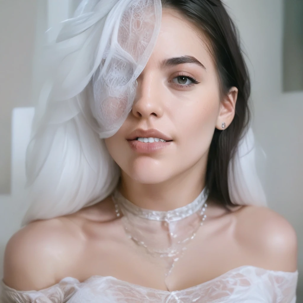 Veil on the head, Gray veil, White hair, gray-white, Gubes Art Style, Arrogant and indifferent girl, Half squinted, white eyeballs, White eyes, national style, Off-white