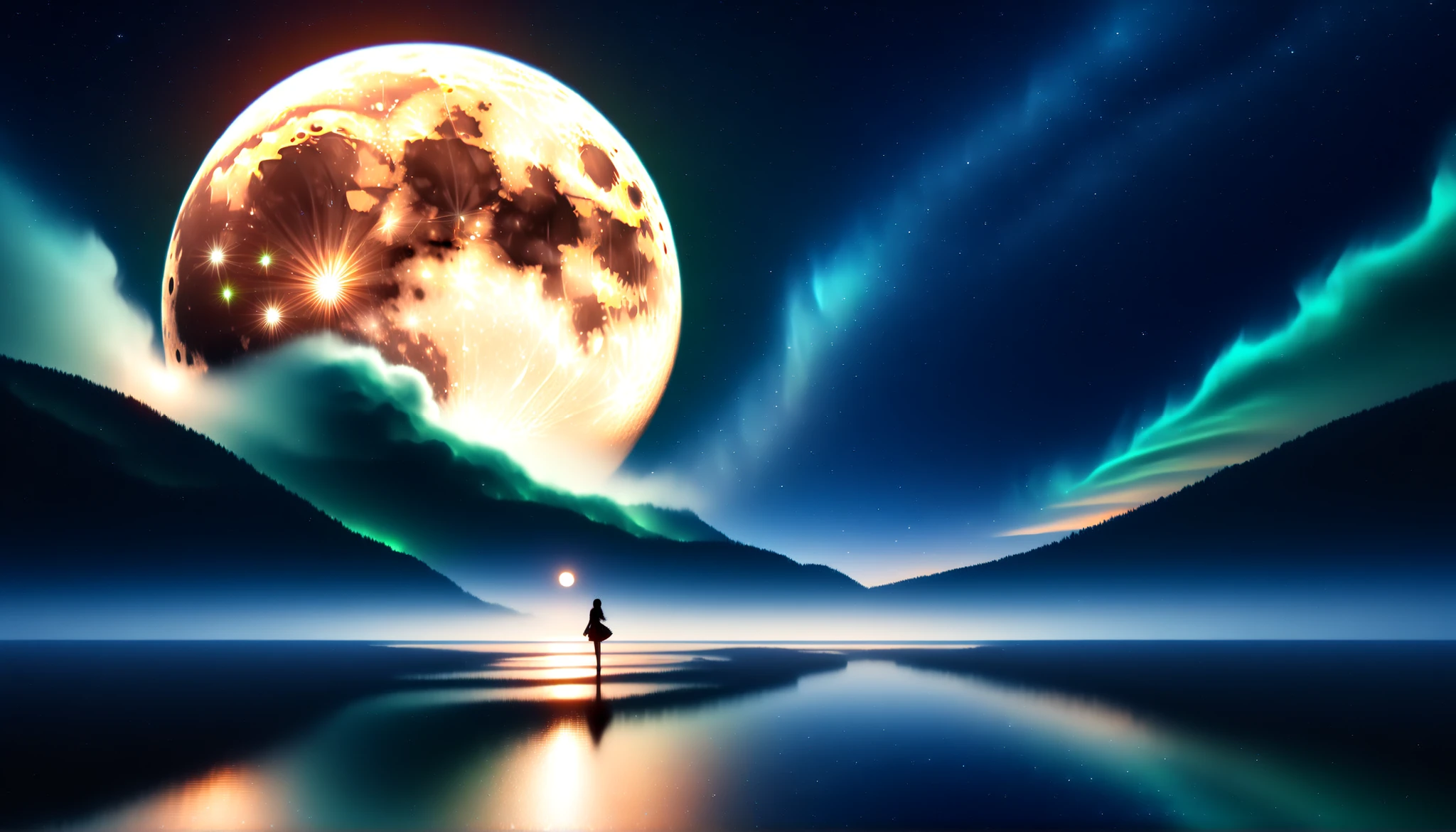( 画面いっぱいな巨大で鮮やかなgreenい月:1.5 ),(one girl:1.5),( Huge Moon:1.5),sky full of stars,(Clear and beautiful pattern on the surface of the moon:1.5),Detailed Scenery ,Night Sky,(Milky Way Galaxy:1.5),(Milky Way Galaxy:1.5),(Alps:1.5),湖に移る Huge Moonと星々,Ultramarine, green, purple,Solemn Atmosphere,An epic and mysterious moon,