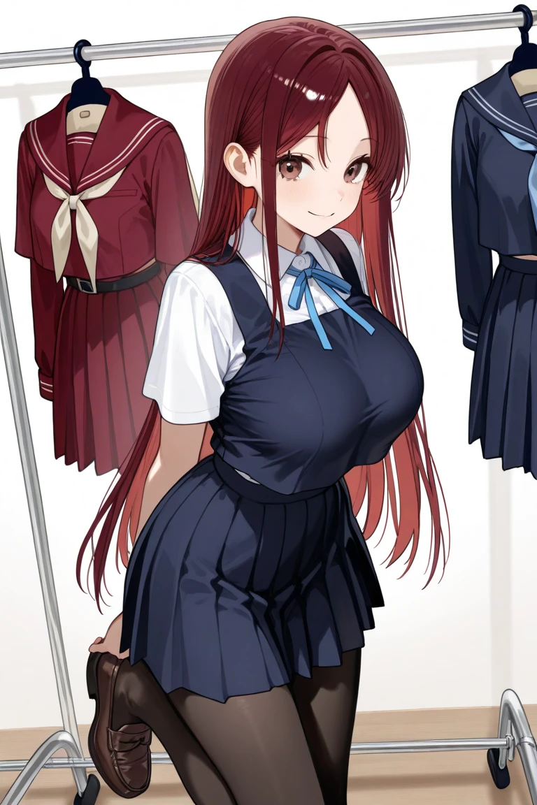 (((Full and soft breasts,)))(((Huge breasts))) (((Cleavage))) (Perfect curvy figure),(masterpiece, high resolution, best quality:1.2), 8K, Very detailed, complex, rich and colorful, vibrant images, Clear focus, Movie)  (Wear, white shirt,Red Skirt, , shirt, Short sleeve,Pleated Skirt, Red bow tie, Plaid bow tie, Plaid tie,)(Perfectly rounded big breasts,Hourglass figure, Thin waist,very Thin waist, Photo-realistic,(Surrealism:1)beautiful, masterpiece, best quality, Extremely detailed face,Perfect face,beautiful face, Perfect lighting,Detailed eye makeup, Detail face, Beautiful and detailed eyes,Beautiful hands, Perfect hands, (Realistic students,Realistic iris:1) Heavy eye makeup,(Stand in the closet)