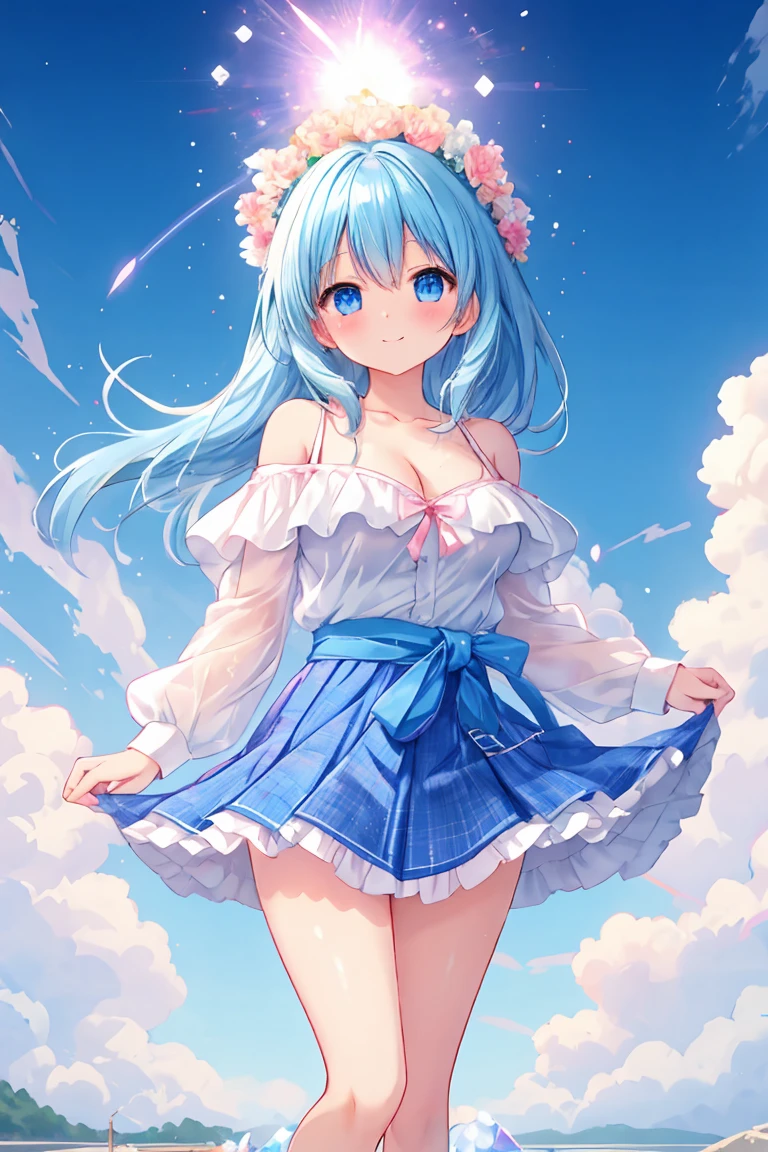 top quality, (Masterpiece: 1.3), (Maximum resolution: 1.2), (Ultra HDTV: 1.2), Cinema light, Ultra HDTV, (Detailed eyes and skin), (Detailed facial features), HDR, 8k resolution, Sharp Focus: 1.2,　(wizard girl), (cure sky), (( jumping up and cheering:1.4)),  (dynamic pose), (dynamic angle) ,   Perfect style, beautiful face, accurate, anatomically correct, highly detailed face and skin texture, detailed eyes, light green eyes, double eyelids, thin eyebrows, glitter eyeliner: 1.2, natural cheeks, glossy skin, fair skin: 1.2,  (glossy lips: 1.4),   (heart shaped pupils)                
BREAK
first-person-view, ((Wearing a Cute dress with white trim on a blue fabric:1.6)), (it consists of  light blue choker,  2_pink bows on her waist and above-the-knee skirt with panniers, white tights with blue trim , blue shoes with golden toe and pink decorations on the ankles:1.5), (holding sparkling microphone), (smiling full of compassion:1.2), (smiling full of love:1.2), ((very cheerful:1.6)), innocent and  Cute girl, ( shiny light blue  hair with pink tips), ( extra long hair, straight bang, high twin tail :1.6),  (big white wing-shaped hair ornament on her head),  
BREAK
(Full body shot: 1.2), (focus on her lips), (medium large :1.2), 
(((in the blue sky, flying continent background: 1.2)), (very intimate relationship),