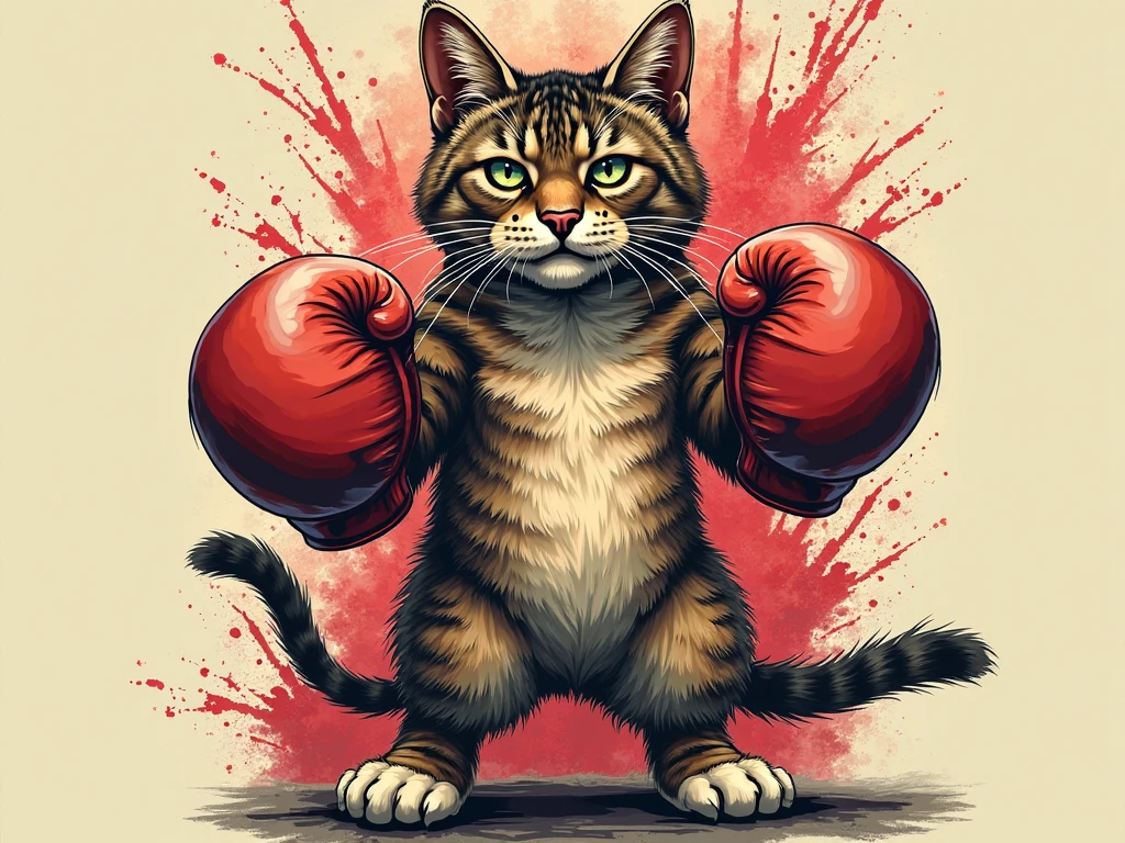 Color Style, Digital Art (Cat Character), Official Art, amount, Boxing style、Master Parts, beautiful, ((watercolor)), Face Paint, Ink flinches, Intricate details. Very fine grain, [Dripping:0.5], Trending on Artstation, Raquel Walker