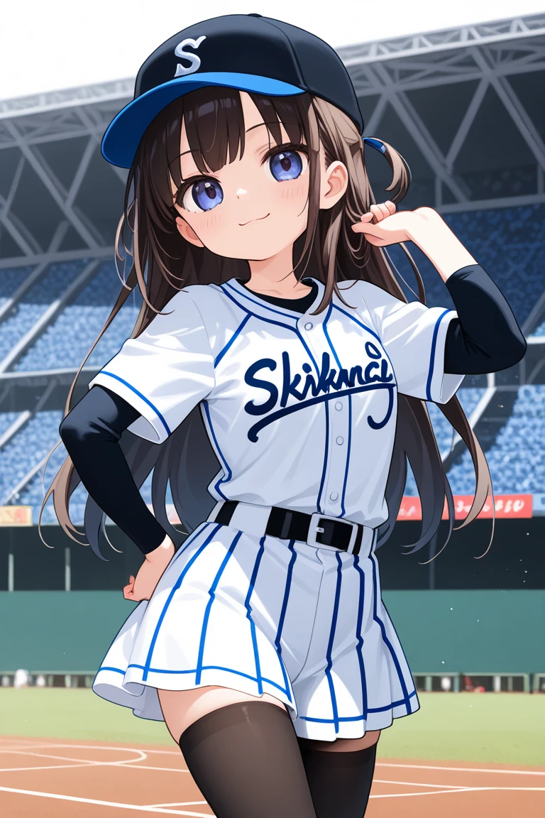 neocoill, masterpiece, best quality, 1girl, baseball uniform, solo, baseball mitt, baseball cap, hat, baseball, sky, sportswear, cloud, black hair, blue sky, day, holding, shirt, bangs, medium hair, long sleeves, standing, holding ball, outdoors, looking at viewer, parted lips, large breasts, mature female,