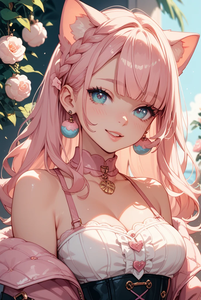 woman、2 girls:2、with round face、Young features、Pink dress、White headdress、Collar with bell、, award - winning photo, poneyTail, Smile,Pink hair,length hair ,masterpiece, top-quality, Hi-Res,鎖骨, red blush , cleavagehest, Just look at the audience, (large sagging breasts), Glamory、Shy smile、Embarrassed look、Cat's ears、Cat tail、in woods、lake、Green Tree々、Gentle shading、Calm palette、Detailed ambient occlusion、Muted shades、dull color