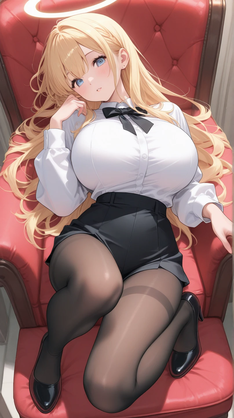 a woman, tanned skin, Blonde, a hairstyle with two long braids that fall over her shoulders, with straight bangs that cover his forehead, messy fur , He wears purple round frame glasses and has a shy expression on his face........,  by Rubio, big and somewhat tired eyes, small nose, huge breasts, Skinny body, small waist, thick thighs, whole body, fitted navy dress shirt, microfalda , Long black stockings, women shoes, a nerd, alone, tight clothes, lying down sexually 