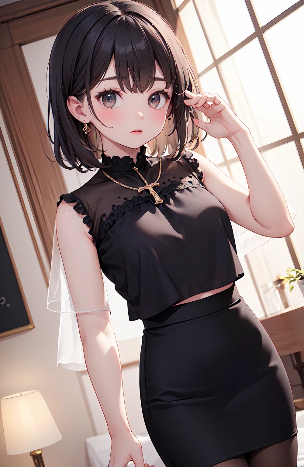 ((Best masterpiece, Perfect quality, Ultra detailed)), A girl is wearing camisole and shorts. With small bust, With skinny body, Lost leg, Not enough body