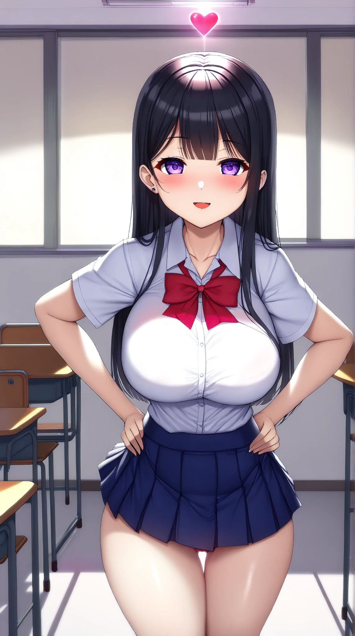 score_9, score_8_up, score_7_up, score_6_up, score_5_up, BREAK source_anime, anime screencap, 1girl, black hair, purple eyes, long hair, bangs, voluptuous body, big breasts, student, school, shirts, skirt, in front of wall, looking at viewer, blush,