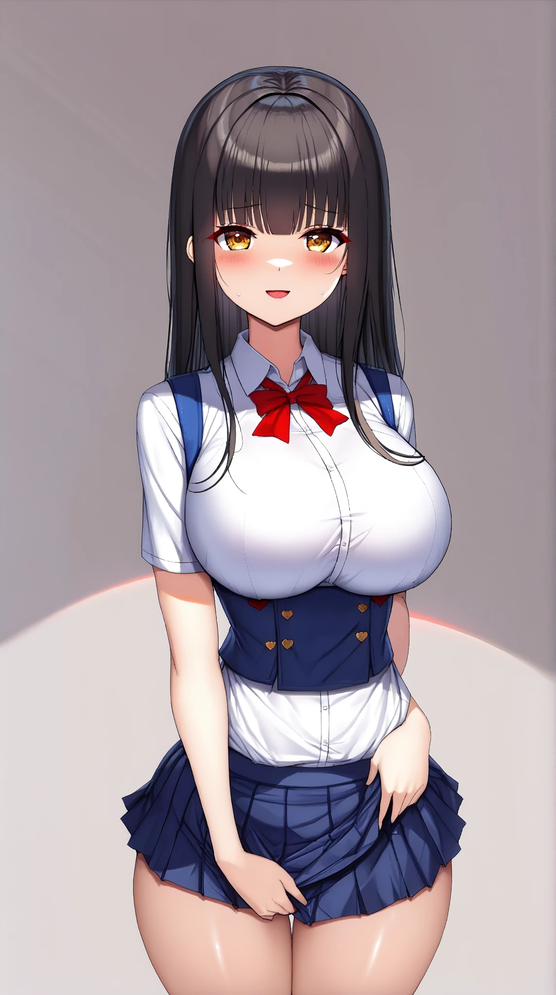masterpiece, best quality, highres, 1girl, bbkurumi, long hair, heterochromia, low twintails, school uniform, black jacket, pleated skirt, blue skirt, black pantyhose, grass, wariza, filed, loafers, :o , big breasts, huge big breasts,huge large breasts, (large breasts:1.5), (big breasts:1.5), big breast, good breast, beautiful, gorgeous,anime,girl,lora, nipple visible though clothes, sexy