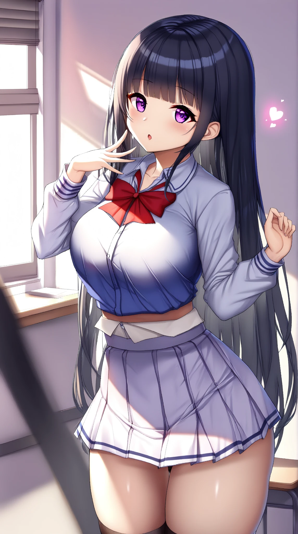 masterpiece, best quality, highres, hi1, purple hair,  purple eyes, large breasts, hair bow, skirt, white shirt, cowboy shot,