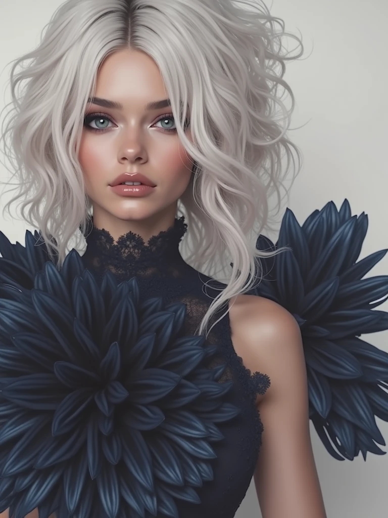 lr_rbn style, portrait of cute woman, wavy hair, white hair, flowers, nature details, black background, black and white, ink, swirly lines, winning award masterpiece, fantastically gaudy, aesthetic octane render, 8 k hd resolution