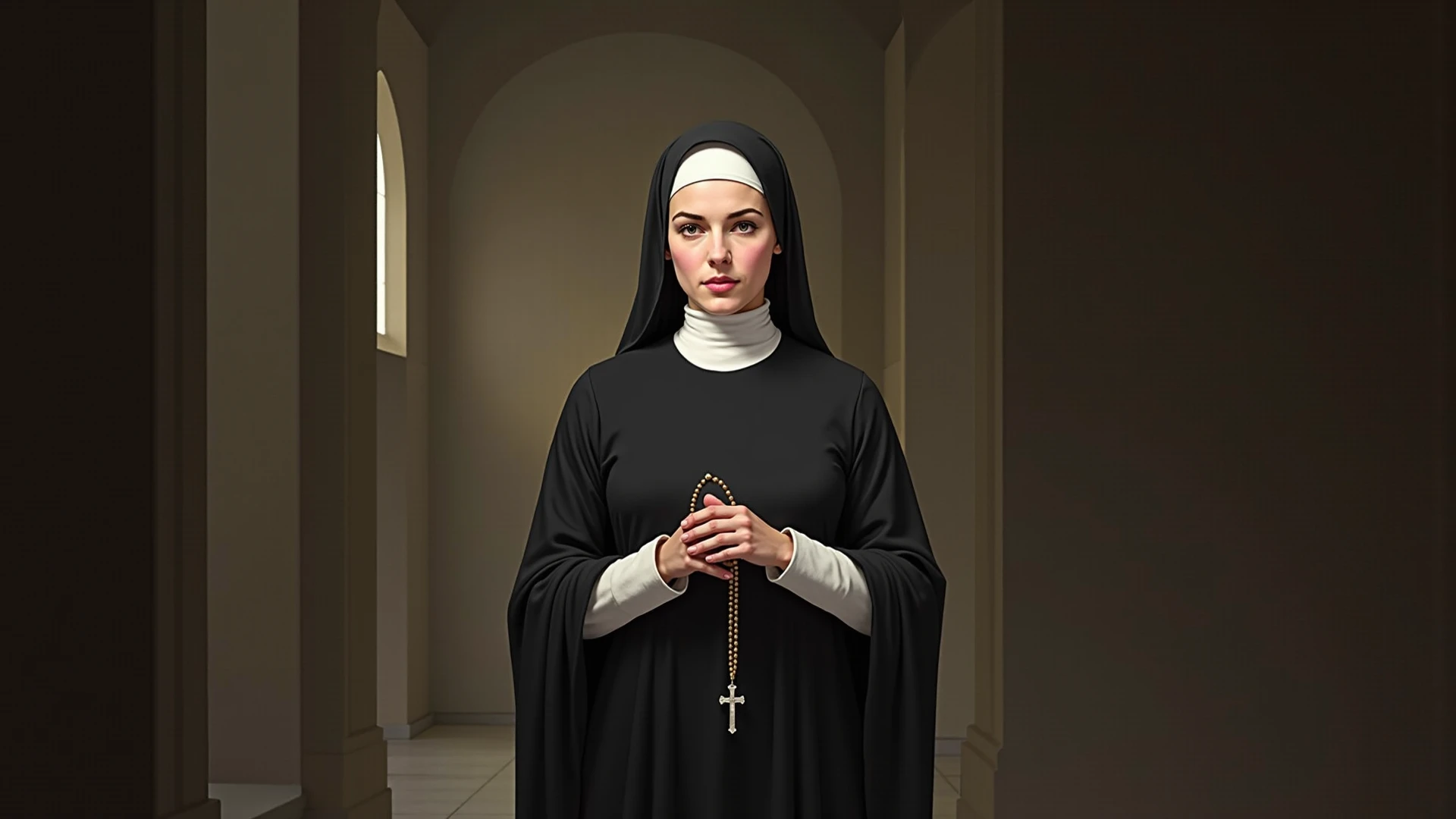 (((masterpiece))), Best Quality, 4k wallpaper,, sensual mature woman of 30 years, wearing a nun's habit, open in front, showing her perfect big breasts, pink heart-shaped areolas, embarrassed face, blushing, opening his clothes, squatting, separating the legs, looking ahead, ((((outside tits)))), ((((vagina in sight)))), shaved vagina, leaking semen, on the altar of a church