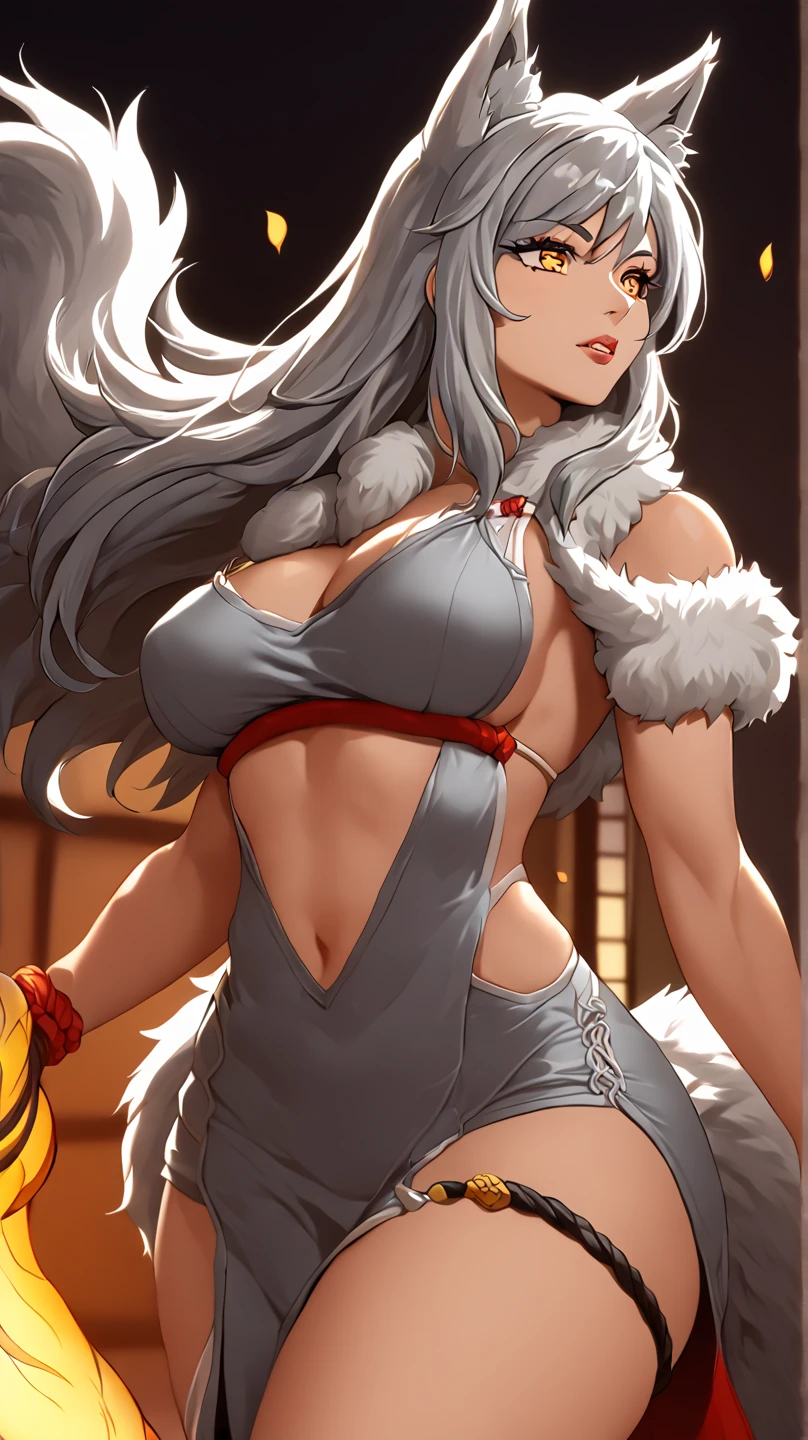 masterpiece, best quality, beautiful art, high resolution, well formed hands, body and fingers, 1 woman, solo, Black Hanekawa, cat ears and cat tail, grown up , adult, hair ribbon,big breasted, cleavage, full body, long hair, hair ornament gorgeous legs and thighs, cosplaying as Mai Shiranui , she is fighting in a combat match at a martial arts tournament, she is getting ready to fight, making her guard pose, action and fighting scene, about to hit the viewer, looking at the viewer, sweating , feeling confident and proud, smiling joyfully and happily, charming her opponent with her beauty, bouncing breasts, fighting scene, martial arts tournament on the beach 