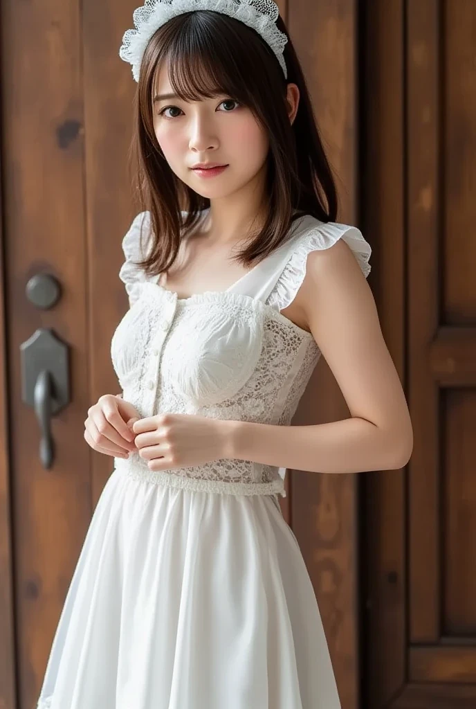 (Sillamäe:1.5), A slender, masterpiece, top-quality, Raw foto, Photorealsitic, faces, Incredibly absurd, beautiful a girl, cute little,Short messy hair, depth of fields, hight resolution, ultra-detailliert, finely detail, ighly detailed, extremely detailed eye and face, Sharp pupils, Realistic pupils, foco nítido, Cinematic lighting,A 20-year-old girl、((Very sexy Akihabara maid clothes、Maid headdress))、Lift the hem of the skirt with both hands to show panties