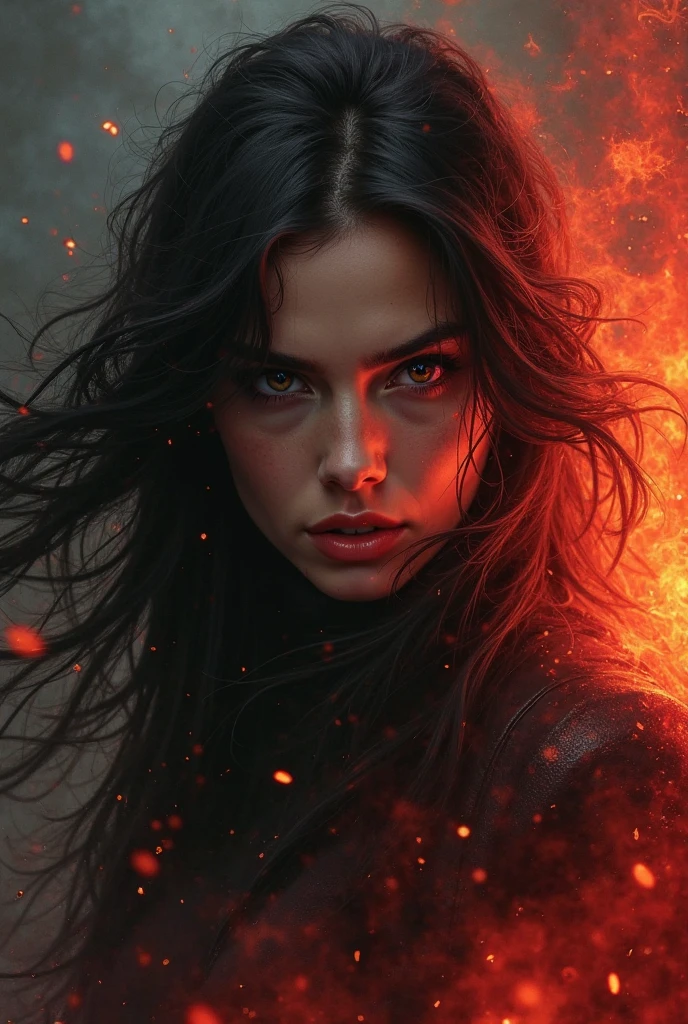 1girl, flying hair, red eyes, fire witch, blood on face, light particles, lightning rays, wallpaper, colorful, high contrast, vampire, smirk, evil smile, psychopathic smirk, psychopathic smile, tilted head