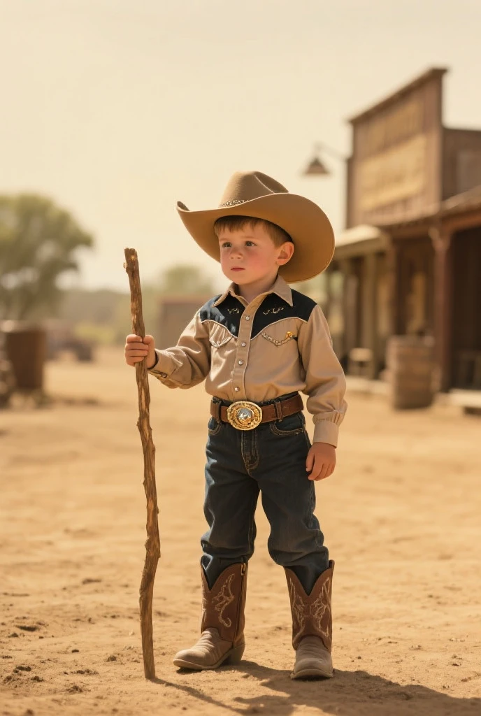 A young 8-year-old cowboy, with large buckles, a hat, a knife at his waist, an orange-furred dog, and a pig, standing in a sun-drenched meadow.