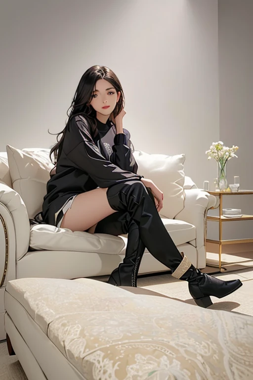 full body, wide shot, dynamic angle, absurdres,original,extremely delicate and beautiful,beautiful detailed eyes and face,1girl, black_hair, twintails, looking_at_viewer, solo,(masterpiece:1.4),(best quality:1.4),black leather boots, sweater, open jacket, pencil skirt, scarf, medium breasts, red eyes, very long hair, black pantyhose, blunt bangs, <lora:knbotz-000006:0.8>