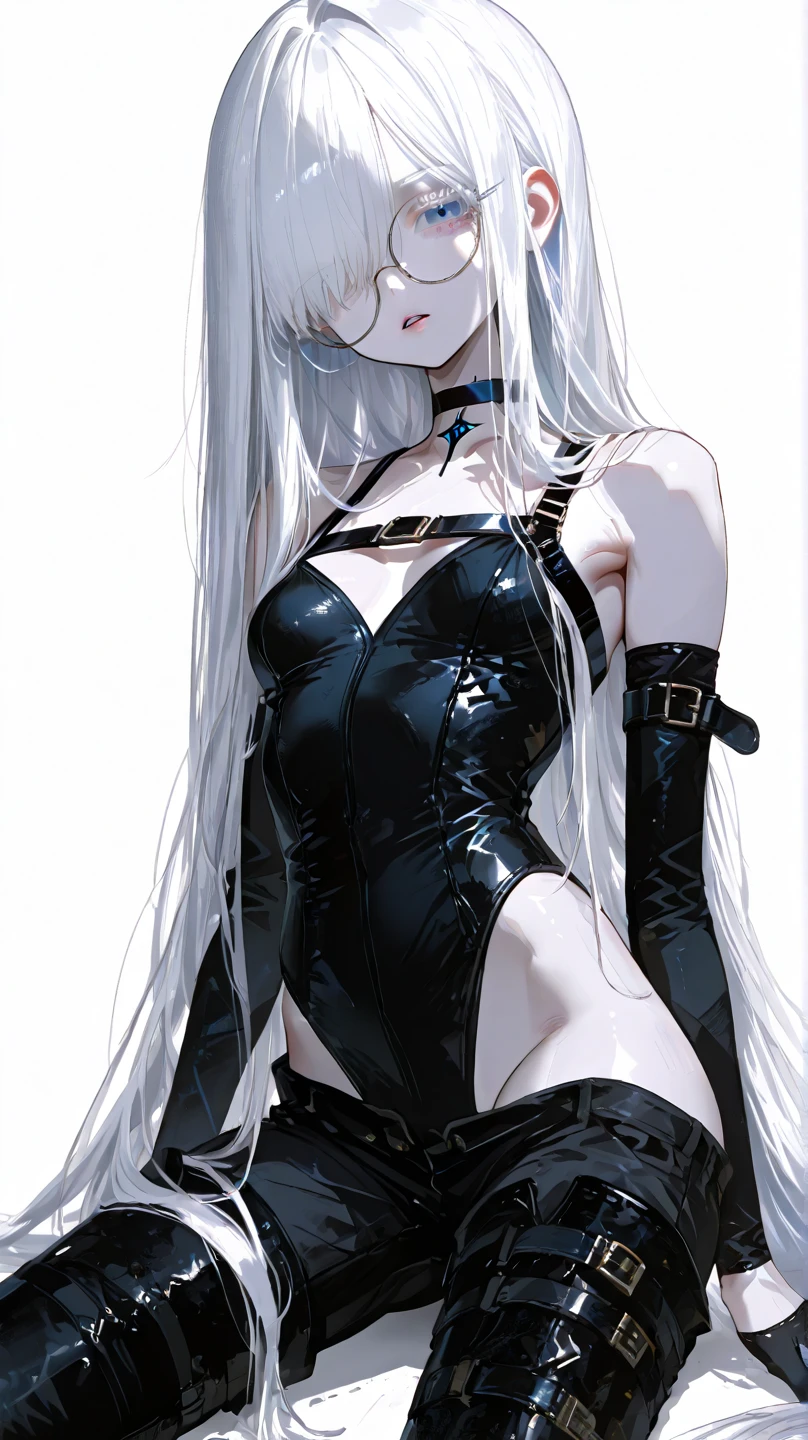 optimum,tmasterpiece,A high resolution,best qualtiy,hyper HD,super detailing,Award-Awarded,16k,独奏,(The upper part of the body),anatomy correct,Beautiful cyberpunk girl,Ex Machina,cute face,high light,Gradient Beige Hair,Hairline,((Scarlet eyes)),long eyelasher,Hanging eye corners,White skin of the,(small boobs),(Slim body),(()),((highleg_dress)),(Finger caps),(Black and white yin and yang stockings),ear studs,(neck rings),(Laser material clothing:1.2)