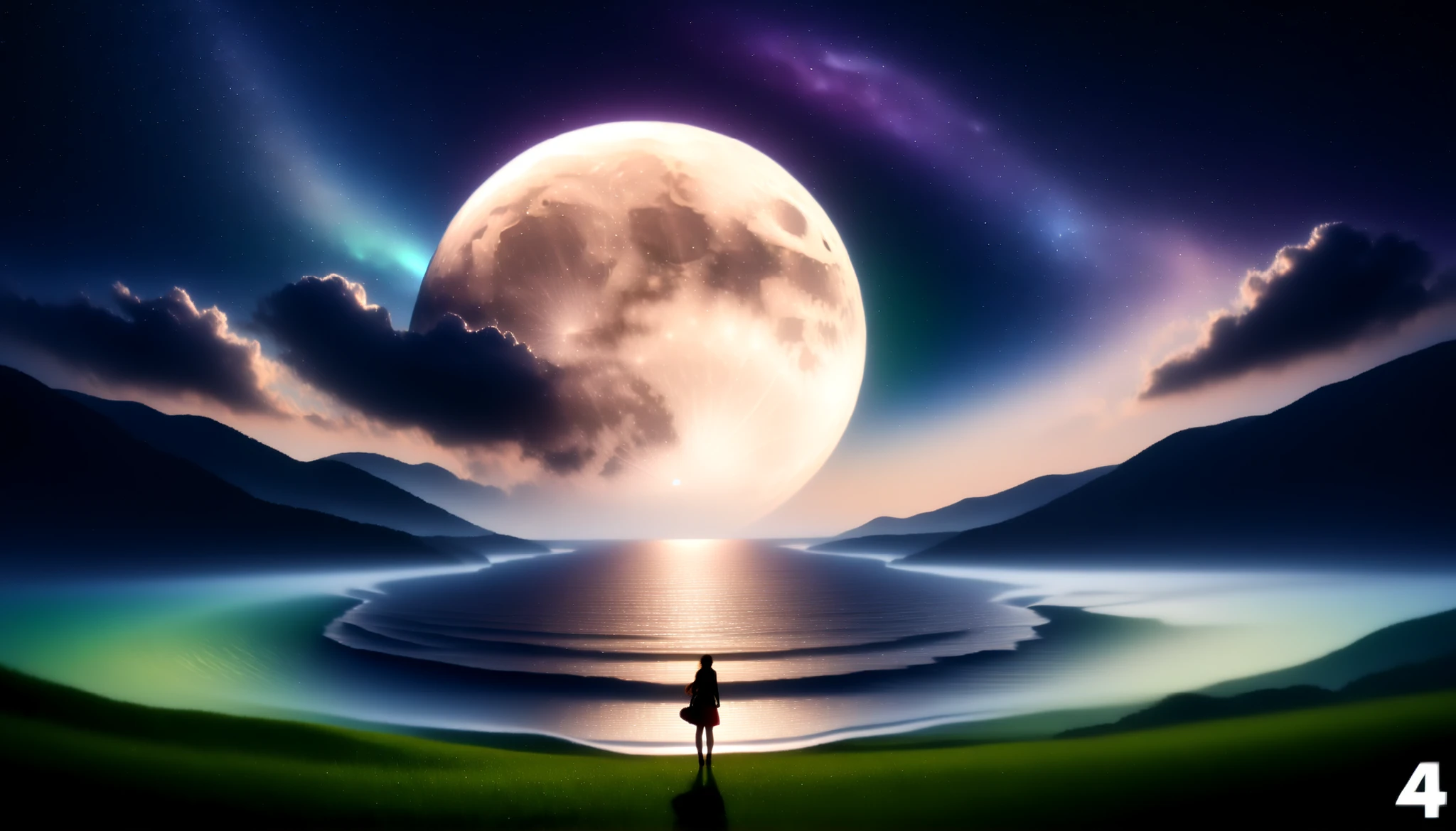 ( 画面いっぱいな巨大で鮮やかなgreenい月:1.5 ),(one girl:1.5),( Huge Moon:1.5),sky full of stars,(Clear and beautiful pattern on the surface of the moon:1.5),Detailed Scenery ,Night Sky,(Milky Way Galaxy:1.5),(Milky Way Galaxy:1.5),(Alps:1.5),湖に移る Huge Moonと星々,Ultramarine, green, purple,Solemn Atmosphere,An epic and mysterious moon,
