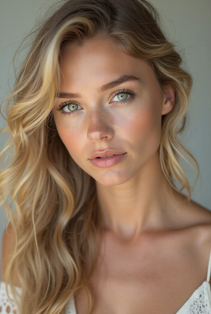 young and beautiful woman, tall green eyes, with a low cut blouse. blonde hair color. hyper realistic model front camera. sony 4 k