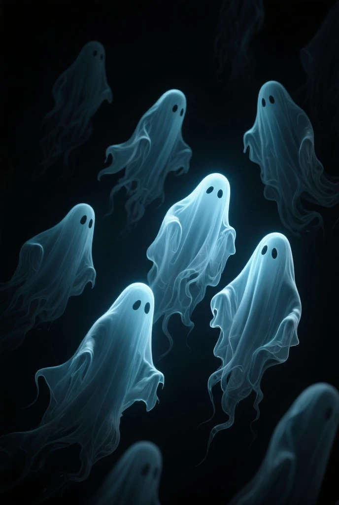 Multiple ghostly figures appearing around the friends, all looking trapped and horrified.