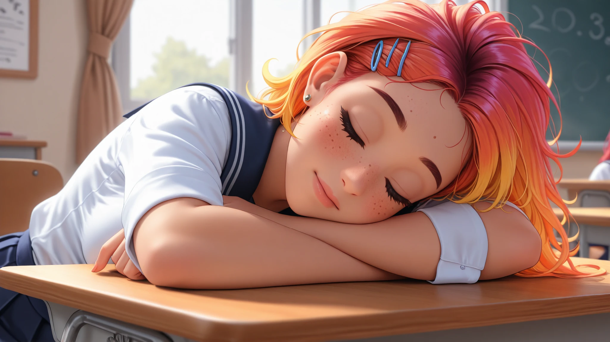 two school girls, classroom, wearing school uniform, large breasts, dynamic hair, vibrant hair, head only, close up, zoomed in, gal, high detail, 4k, real skin, lots of hair clips, earring on one ear, sitting at her desk, leaning forward, head lying on her desk, eyes closed, asleep, freckles, collapsed