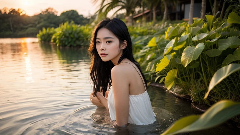 Pretty Thai girl 20y wear see through shirt swimming in the river, realistic highly details