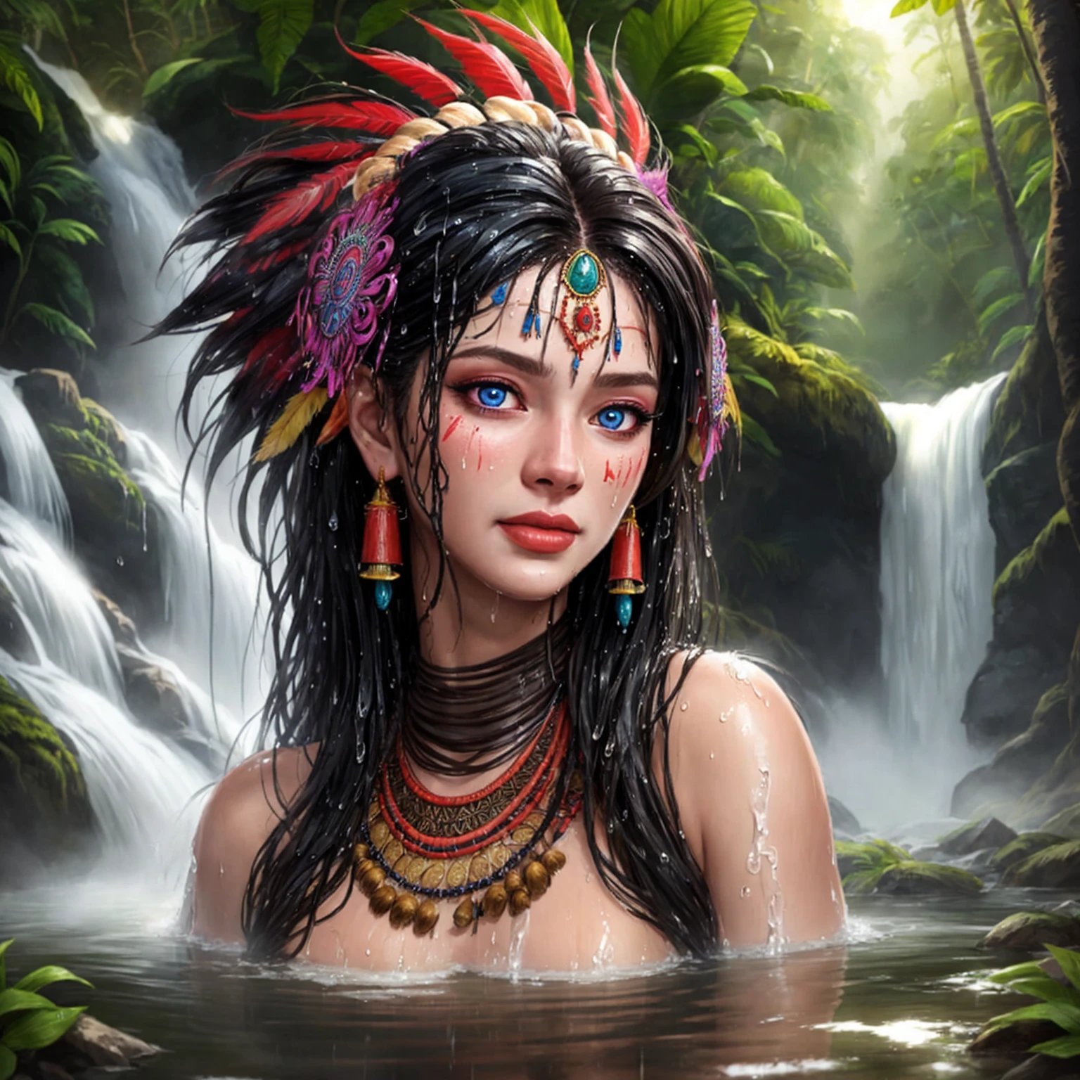 mulher de frente de pé, seio grande , coxa y, macacão látex, ternp zero hyper-realistic portrait of 1 tribal queen bathing underneath a waterfall, in the jungle, vibrant colors, bright detailed eyes hair ornaments, tribal attire, matater ripples, wet skin, wet hair