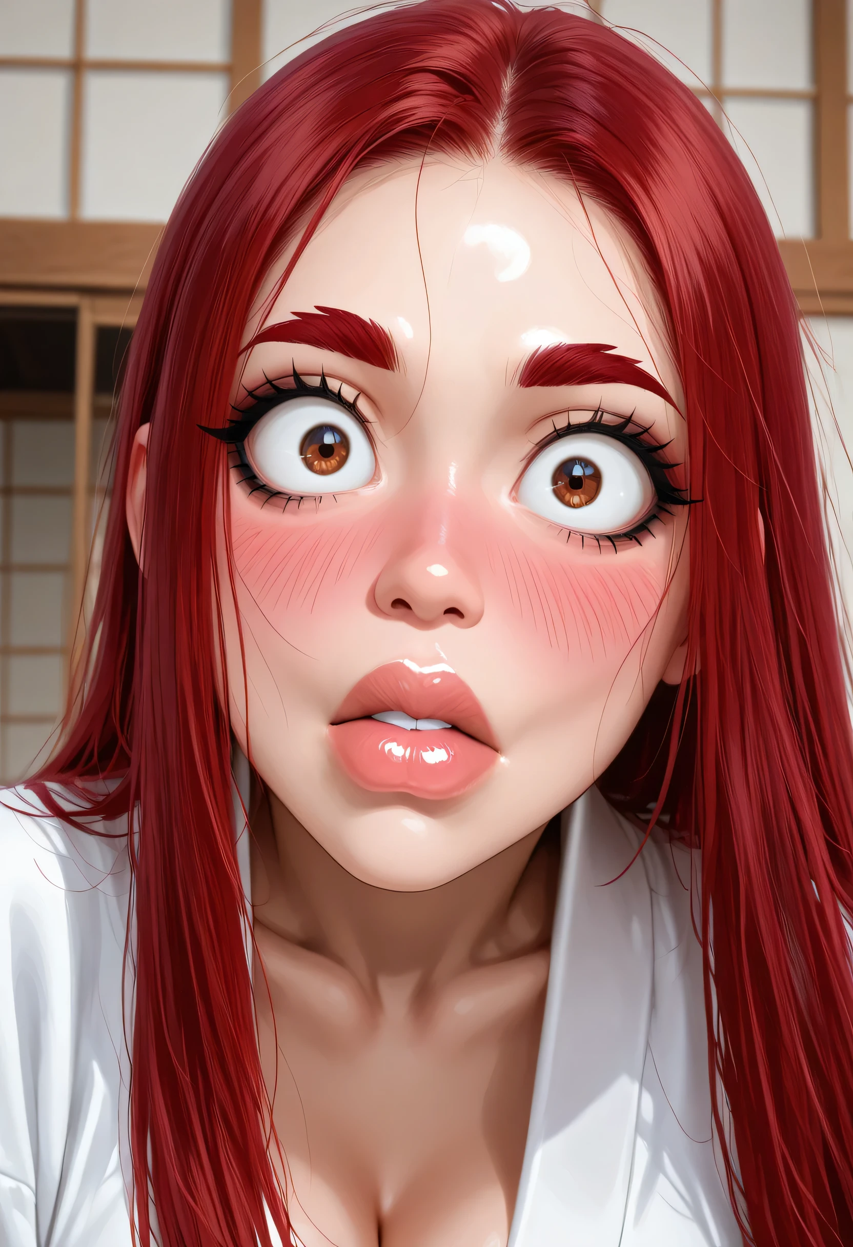 (perfect face), 1girl, red hair, long straight hair, red thin eyebrows, brown eyes, big eyes, black eyeliners, nose, thick lips, big lips, (surprised), (talking), blushing, collarbone, cleavage, medium breasts, white kimono, (looking at viewer)