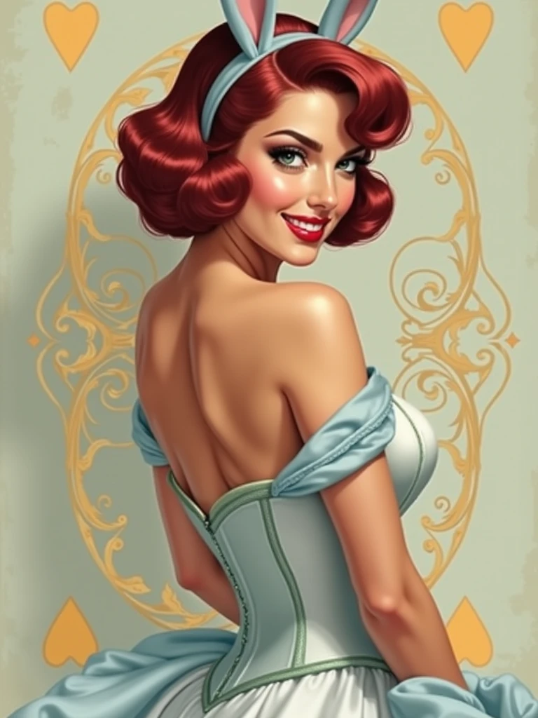 (best quality, 8k, masterpiece, ultra-detailed),vintage Woman 32 years-old pin-up,crossed pantyhosed legs,red straight hair,bangs,beautiful detailed face, big eyelashes,ponytail,little smile,jewerly,((((dress printeded)))),futuristic spaceship scenario