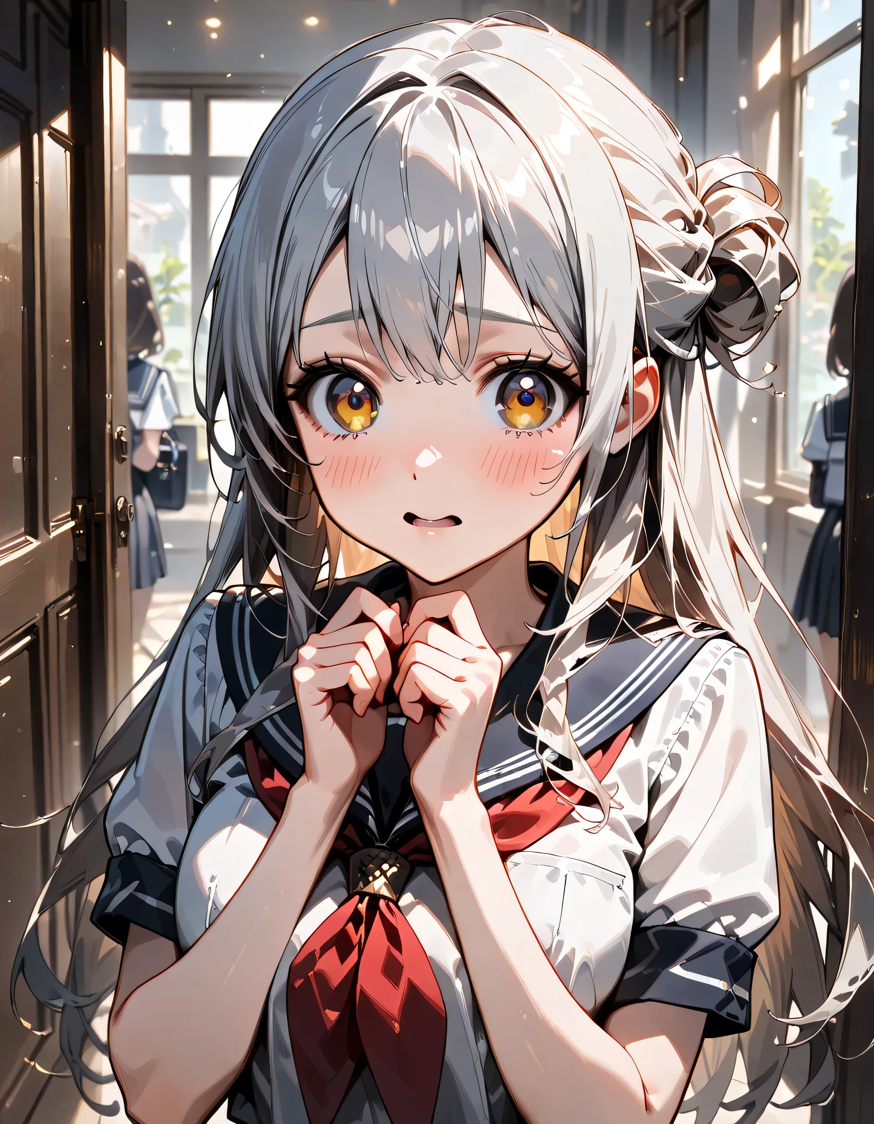 ((ultra-detailed)), (highly detailed CG illustration), (best quality:1.2), ultra-highly detailed, colorful composition, artistic photoshoot, 1girl, solo focus, ((upper body)), moe anime character, girl, dainty facial structure, (baby face), (round face), ((rounded chin:1.2)), blue eyes, ((swirl eyes:1.4)), ((long silver hair)), ((half updo)), ample breasts, school uniform, sailor suit, traditional Japanese style with navy blue and white colors, ((embarrassed:1.3)), ((blush:1.3)), ((looking viewer)), ((Sweat:1.3)), ((index fingers togetherわ:1.3)), ((blue splash background)), from front, best quality, masterpiece, expecting, pink cheek, blush, light pink gloss slip, portrait, depth of field, soft lighting, sidelighting, (shine), lighting, caustics, ray tracing, smile, perfect face, lustrous skin, highly detailed face, highly detailed eyes, perfect face, perfect nose, perfect hair, perfect eyes, perfect anatomy, beautiful hair, beautiful small face, extremely detailed face, beautiful detailed eyes, beautiful clavicle, beautiful body, beautiful ample breasts, leavage, breasts squeezed together, equalize the size of the left and right breasts, beautiful thin thighs, beautiful legs, beautiful fingers, 4 fingers, 1 thumb, lovely, (very detailed background:1.0), (highly detailed background:1.0), spring aesthetic, intricate details, joyful atmosphere, spring colors palette, chromatic aberration