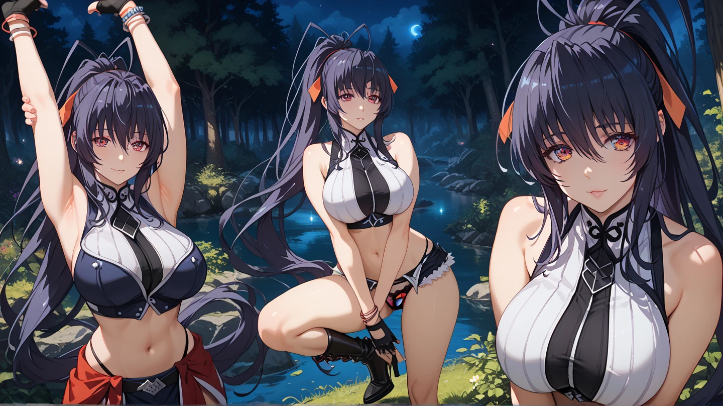 Adult woman with long black straight hair and huge breasts,double horn japanese helmet,Japan Armor,slim figure,swimming briefs,thigh,White socks,forest