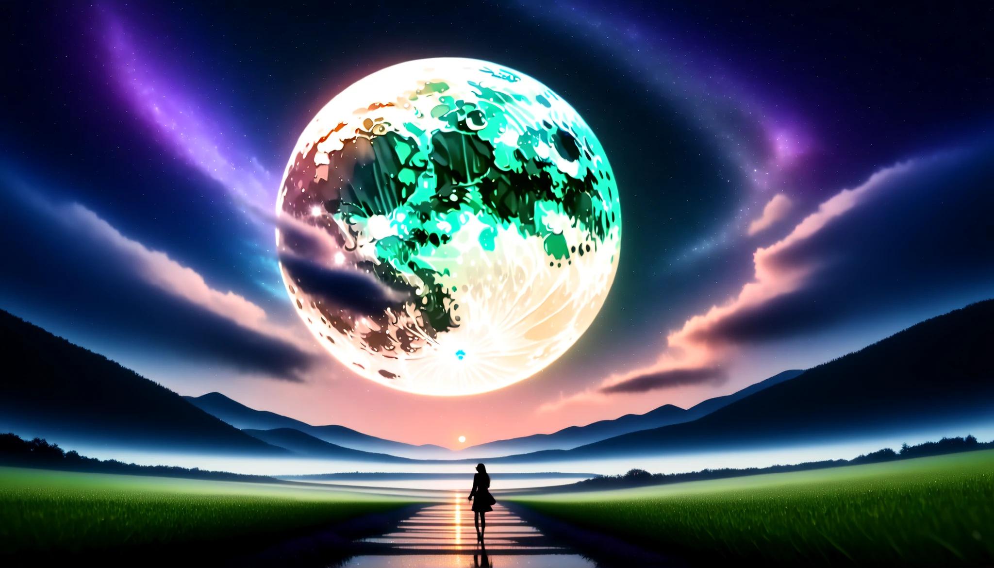 ( 画面いっぱいな巨大で鮮やかなgreenい月:1.5 ),(one girl:1.5),( Huge Moon:1.5),sky full of stars,(Clear and beautiful pattern on the surface of the moon:1.5),Detailed Scenery ,Night Sky,(Milky Way Galaxy:1.5),(Milky Way Galaxy:1.5),(Alps:1.5),湖に移る Huge Moonと星々,Ultramarine, green, purple,Solemn Atmosphere,An epic and mysterious moon,