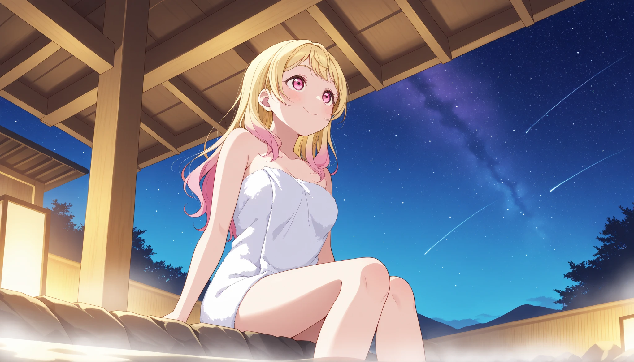 lovelive,long hair,blonde hair,pink hair,multicolored hair,pink eyes,gradient hair,naked,hot spring,wrapped towel,sitting,looking up,starry sky,low angle,smile