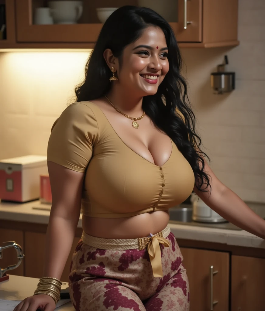 a middle-aged chubby indian desi aunty, wearing a hot sari, working at a bakery, flour on her face, big tits, smiley face, (best quality,4k,8k,highres,masterpiece:1.2),ultra-detailed,(realistic,photorealistic,photo-realistic:1.37),detailed eyes,detailed lips,extremely detailed face,long eyelashes,portrait,warm color tones,soft lighting,vibrant colors