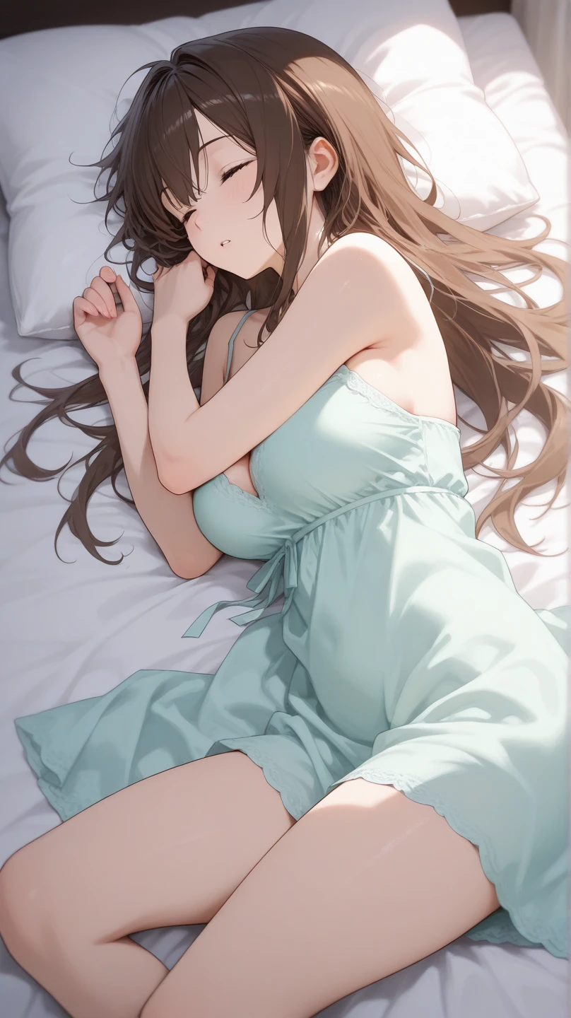 Best Quality, Masterpiece, (realist: 1.2), 1 girl, girl with big tits, with abundant long and beautiful wavy hair rides on his bed . Light and dim.