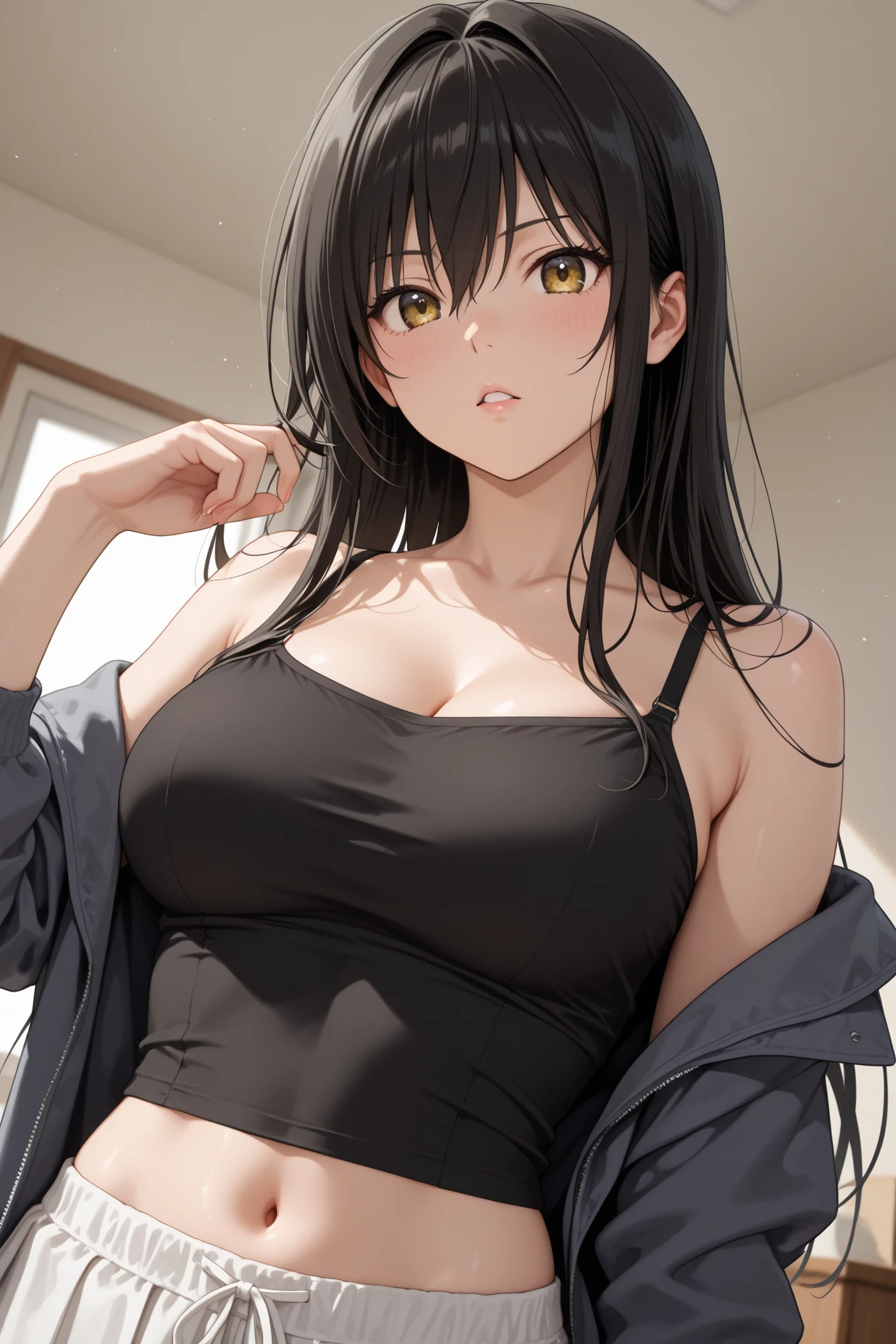 (Best Picture Quality, Masterpiece:1.2), Absurd Absolute Resolution, High Quality, One Woman, BREAK, (Black with Red Longhair:1.1), Brown Eyes, Normal Size Bust, BREAK, One Woman, Bust, Solo, Cleavage, Gaze, Normal Size Bust, Smile, Crop Top, Piercing, Parted Lips, Middle Line gemstone, lips, navel, tank top, white tank top, bare shoulders, sit, bangs, lean forward, collarbone