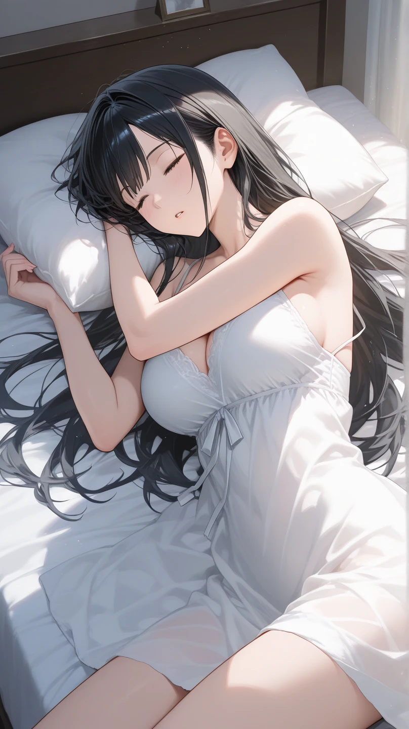 Beautiful woman with long straight black hair sleeping in bed