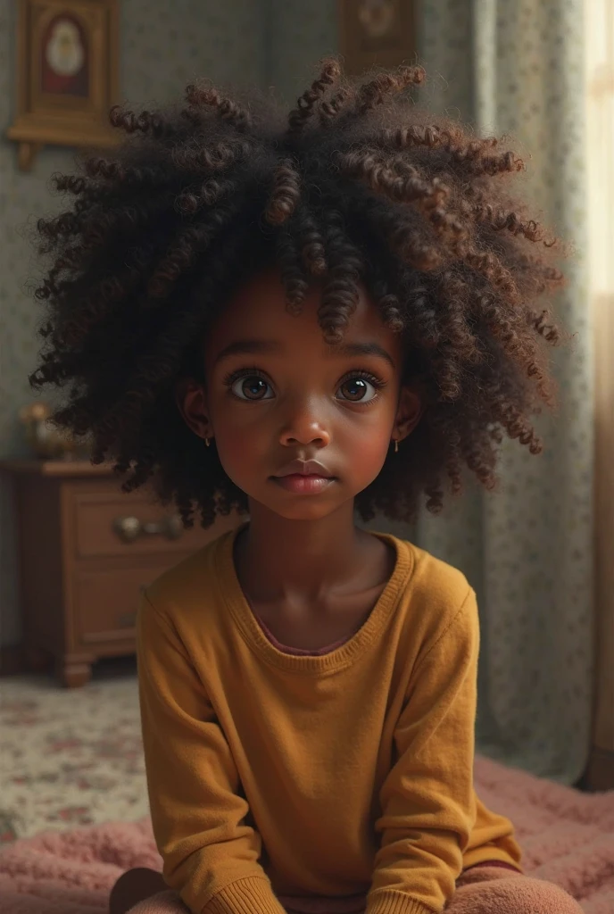 black girl children, 6 years old, curly hair, light skin, not smiling