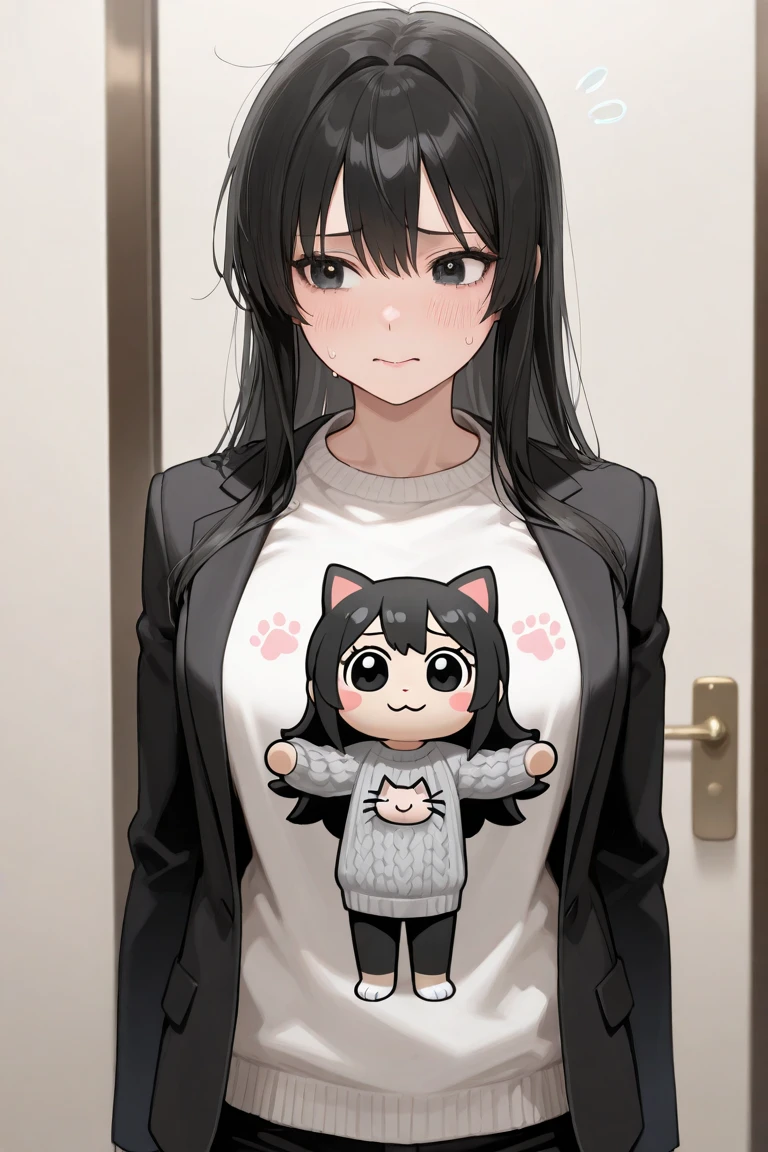 (Placing hand on cheek:1.3), looking up, Shooting from above、Realistic, real person, (pale skin: 1.2), upper body, RAW photo, photorealistic, shiny skin, shiny hair、(A 25-year-old woman with medium-length hair and bangs) and (wavy hair) and (brown hair) and (Orange Eyes) , (Black T-shirt) 、(bashful:1.5), The background is the living room、Alone、Are standing