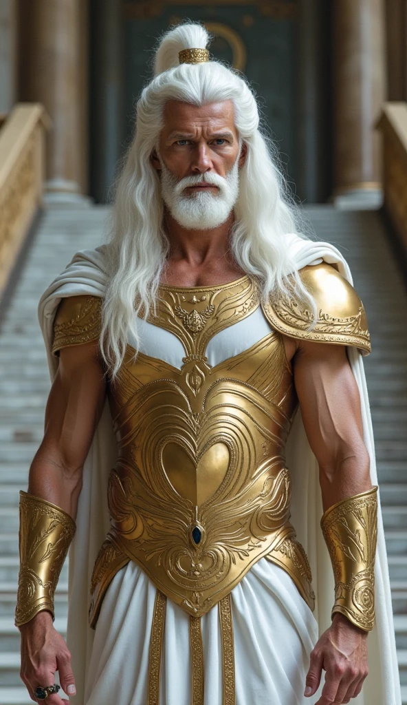 handsome man in his 40s, with long gray hair and beard, he is naked, he wears golden armor style ancient greek god, gay man, sexy, fetish