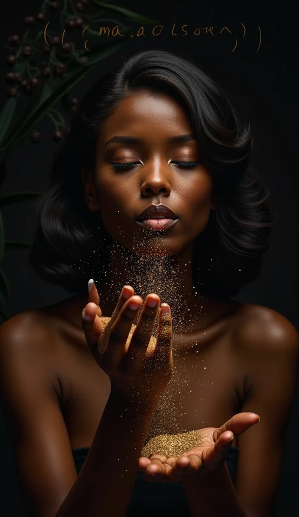 aerial shot, from behind, the back of a black woman falling a drop from an aromatic massage candle, with a drop falling on the back of a black woman, close up, album cover, ultra quality, masterpiece, candles, afrofuturism, afrofuturism fashion