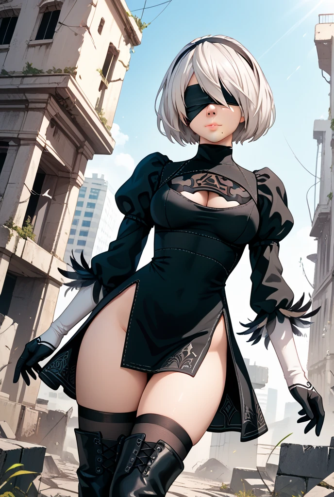 masterpiece, best_quality, 1girl, solo, yorha no. 2 type b, black blindfold, blindfold, wide hips, thighhighs,