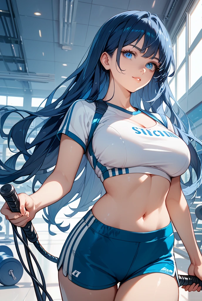 Hime cut with long black hair.、He has straight bangs and blue eyes.、A girl with big breasts is in the gym.。She'he is wearing sports clothes、I'I'm doing push-ups with my legs straight..。The expression is of clenched teeth..、Sweating and blushing。The background shows a gym..。Senran Kagura homura 8K, Best Quality, (photorealistic:1.4), raw photo, (curved body), (curved thighs), (huge breasts, perky breasts:1.4), Senran Kagura homura 8K, Best Quality, (photorealistic:1.4), raw photo, (curved body), (curved thighs), (huge breasts, perky breasts:1.4),