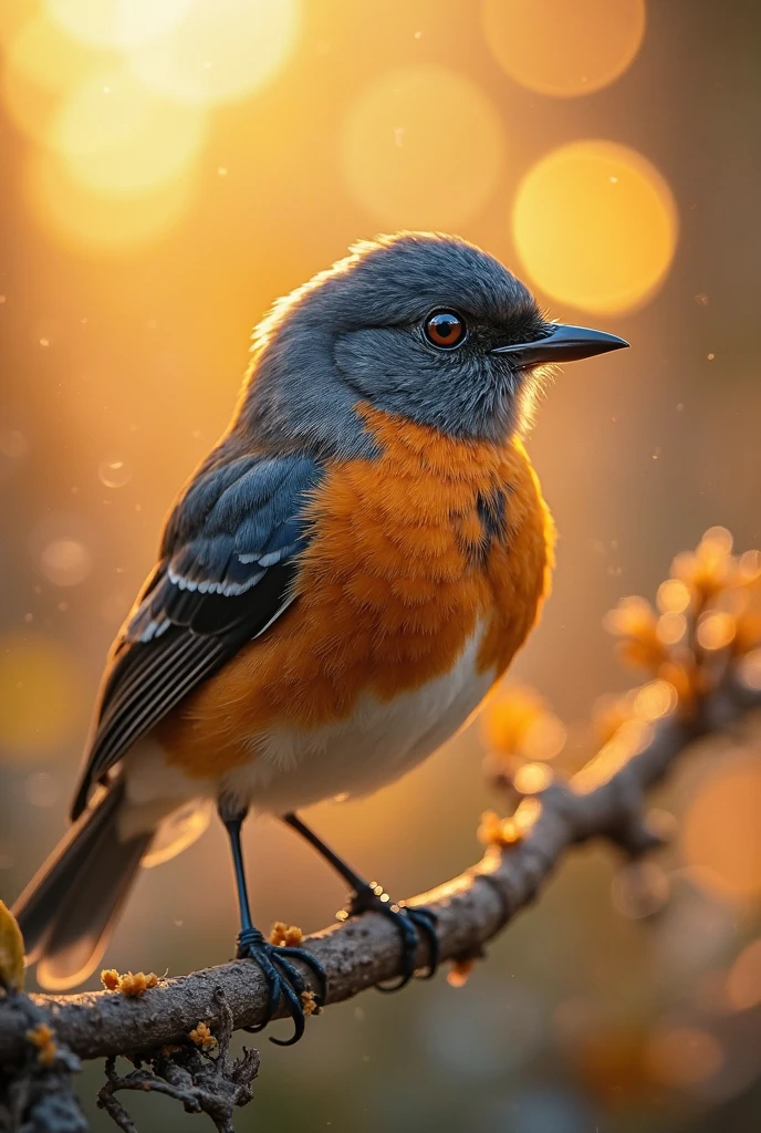 A mesmerizing close up portrait of a beautiful little bird illuminated by the soft golden light of a quiet morning, with vibrant bokeh  gently framing her delicate shape.