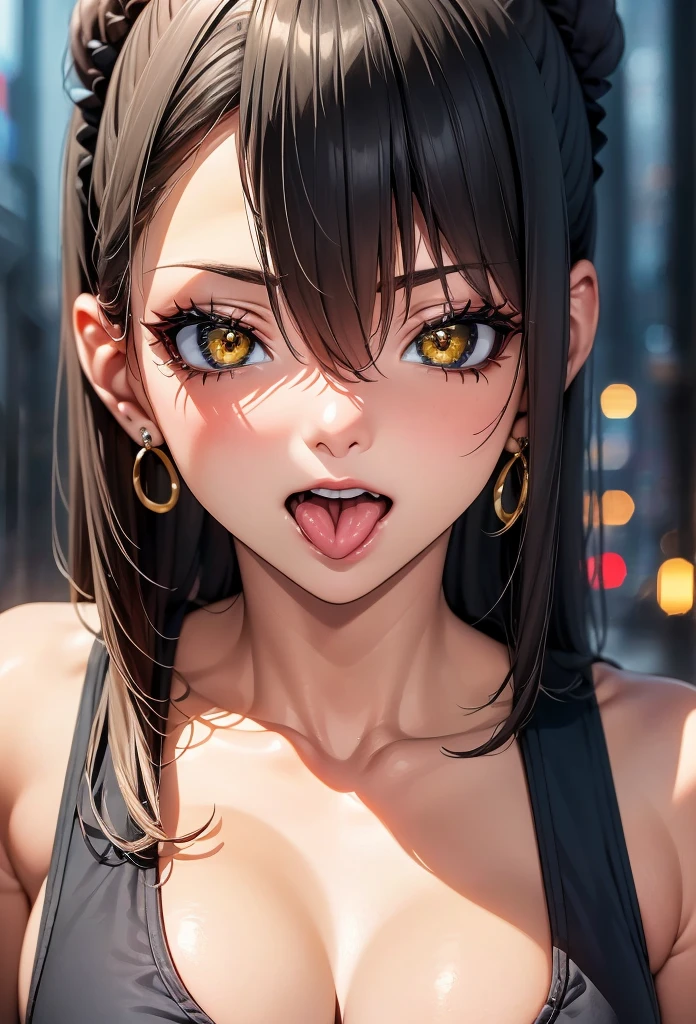 Brown hair, short hair, shaved on one side, (yellow Eyes:1.4), (large breasts:1.5) (erectile nipples:1.1),utbikini, black hair,white bikini, long_hair, no panties, BREAK outdoors, city night, light particles, view for behind, BREAK looking at viewer, BREAK (masutepiece:1.3), Best Quality, High resolution, Unity 8k壁纸, (Illustration:0.8), (Beautiful detailed eyes:1.6), extra detailed face, Perfect Lighting, extremely details CG, (Perfect hands, Perfect Anatomy),