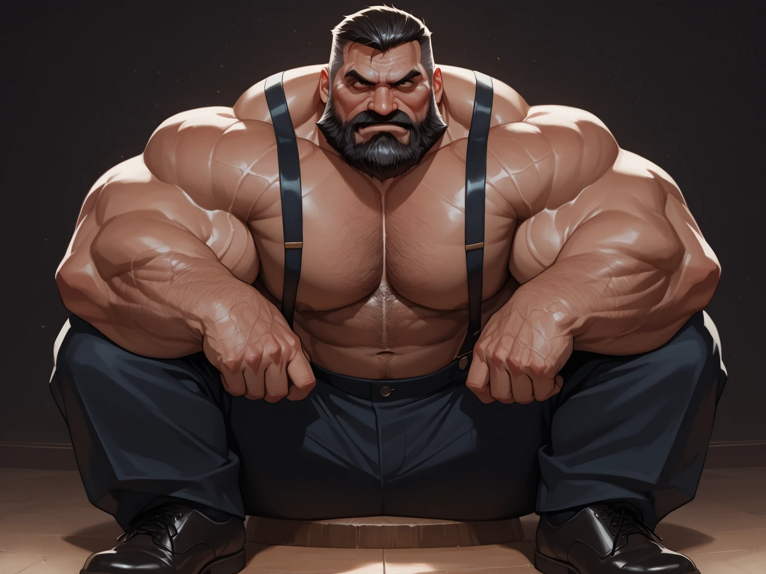 ((Masterpiece, Highest quality)). Full body, Daddy, muscular man, bodybuilder, detailed face, big beard, angry. Connected harness, leather gloves, sunglasses, flexing biceps, big bulge.
