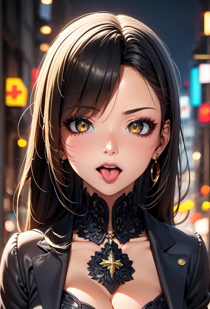 Highest quality、Realistic、woman、zoom、Orange eyes、Short black wavy hair、Glossy white swimsuit、Blue and gold accents、thin、Dark Skin、Flat Chest、Inappropriate smile、Busy Street、Bust Shot、