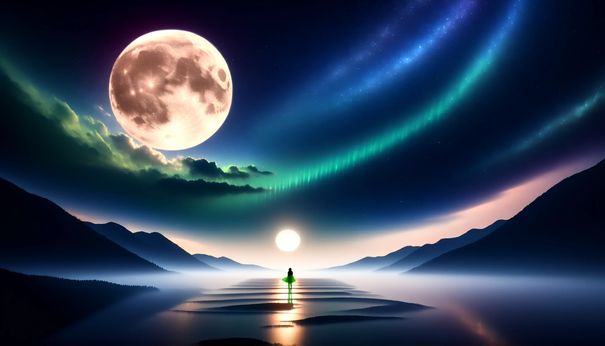 ( 画面いっぱいな巨大で鮮やかなgreenい月:1.5 ),(one girl:1.5),( Huge Moon:1.5),sky full of stars,(Clear and beautiful pattern on the surface of the moon:1.5),Detailed Scenery ,Night Sky,(Milky Way Galaxy:1.5),(Milky Way Galaxy:1.5),(Alps:1.5),湖に移る Huge Moonと星々,Ultramarine, green, purple,Solemn Atmosphere,An epic and mysterious moon,