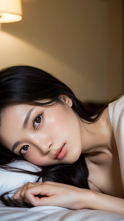 ((Top quality, 8k, Masterpiece: 1.3)), beauty, hidden face, 1 girl, beauty: 1.3, slender abs: 1.1, large men's shirt (loose: 1.4) exposed, full chest, long black hair, (kneeling on bed), ultra-detailed face, highly detailed lips, detailed eyes, double eyelids, strict head and body ratio: 1.5,